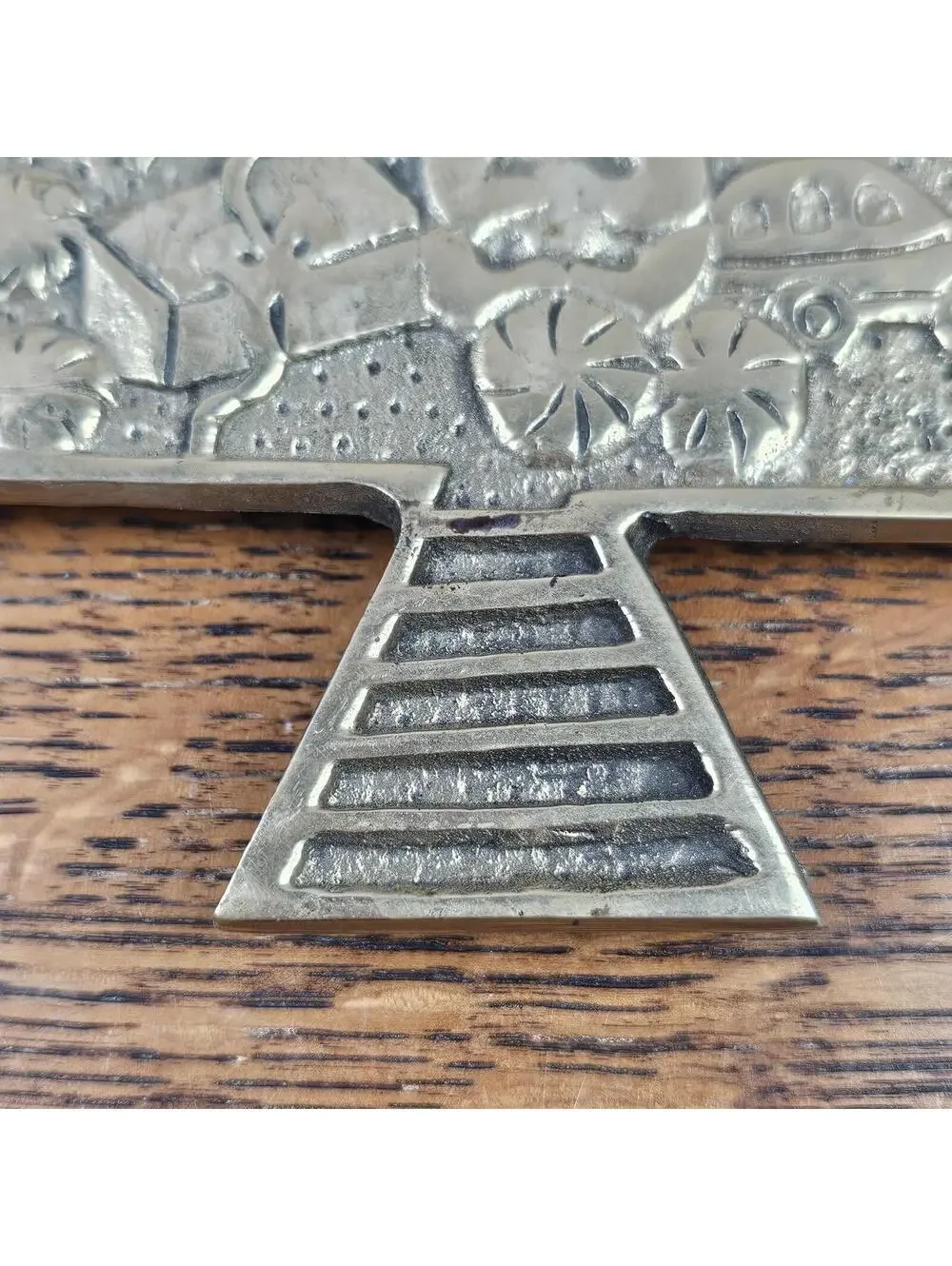 Vintage Solid Brass Christmas Tree Trivet | Teddy Bear Toy Car Kitchen Decor